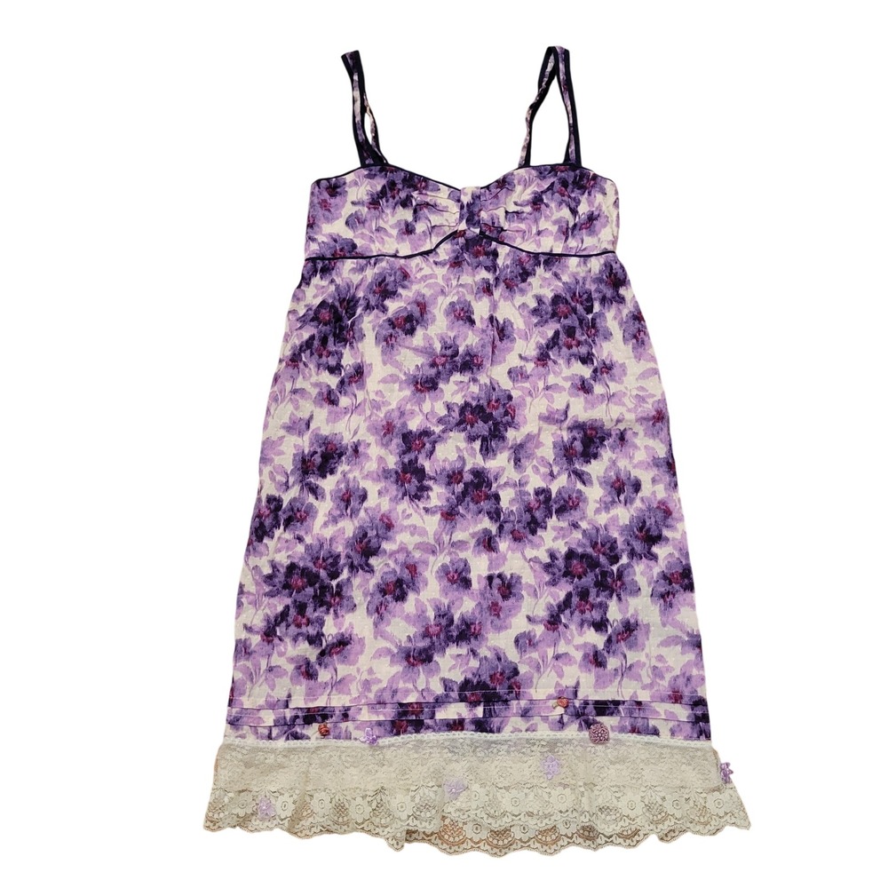 Anthro Eloise M Sundress Purple Floral Lace Trim Swiss Dot Chemise Nightgown Y2K
